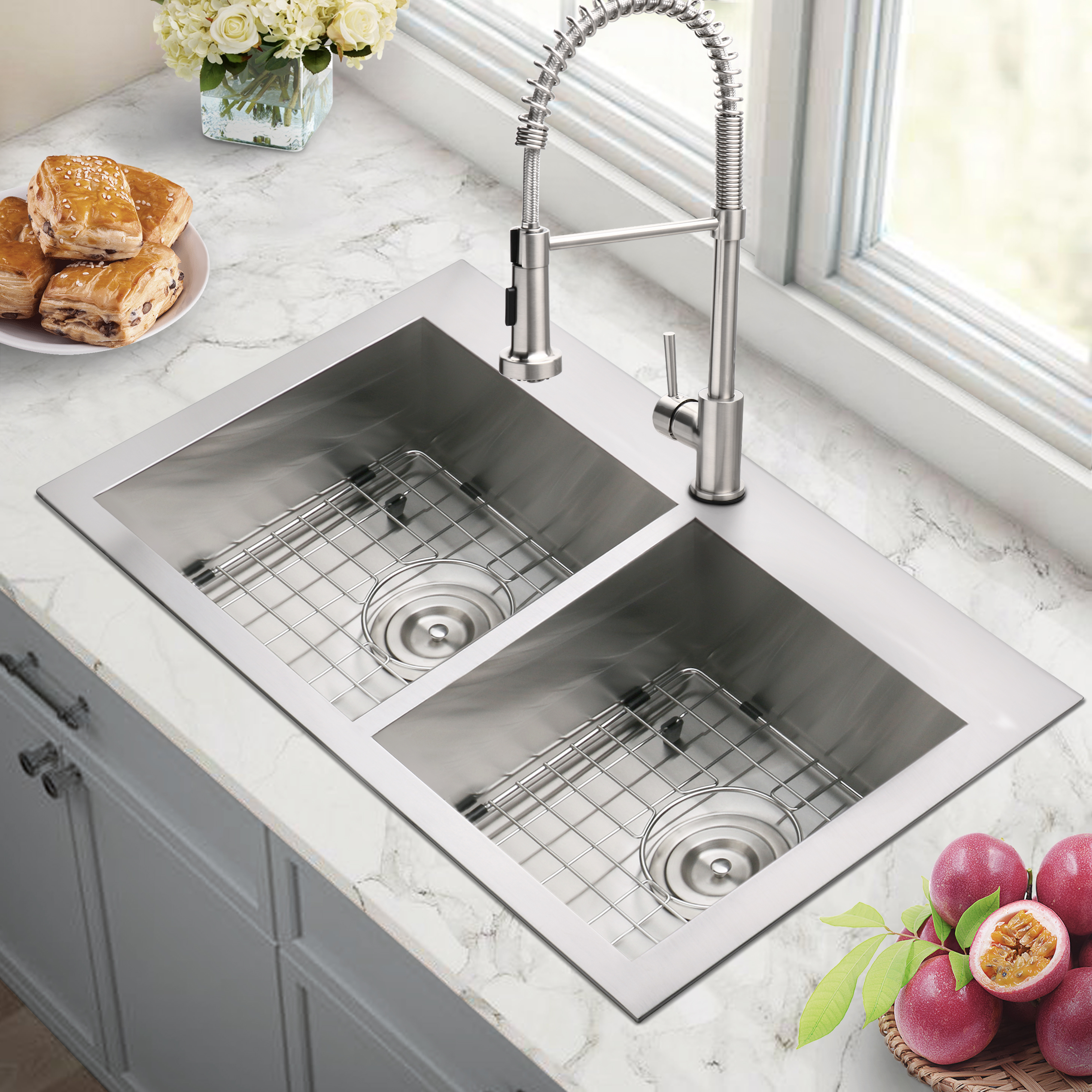 32 Drop-In Top Mount Double Bowl 18 Gauge Stainless Steel Kitchen Sink with  Accessories