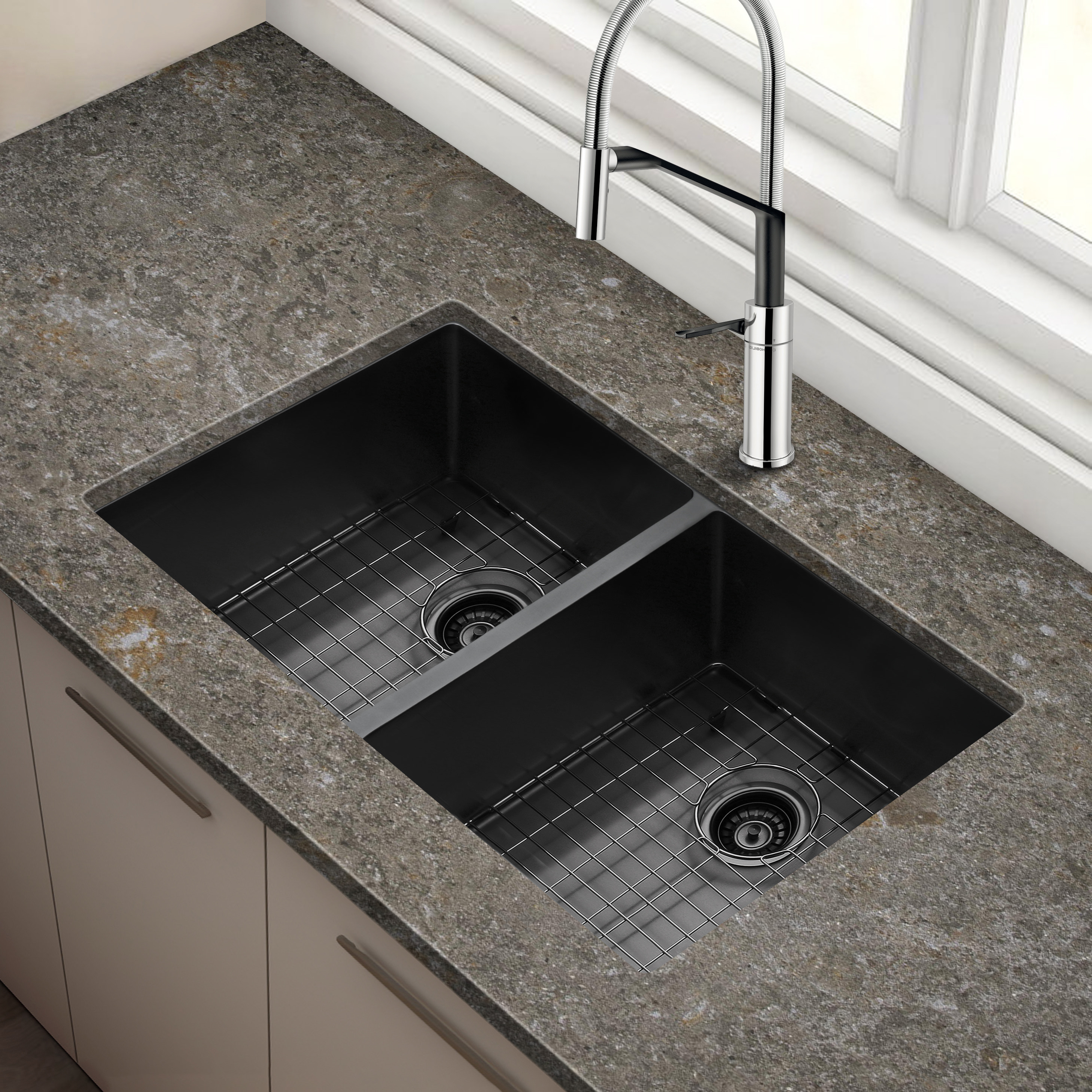 32 Undermount 16 Gauge Kitchen Sink Double Bowl with Accessories in PVD Gunmetal