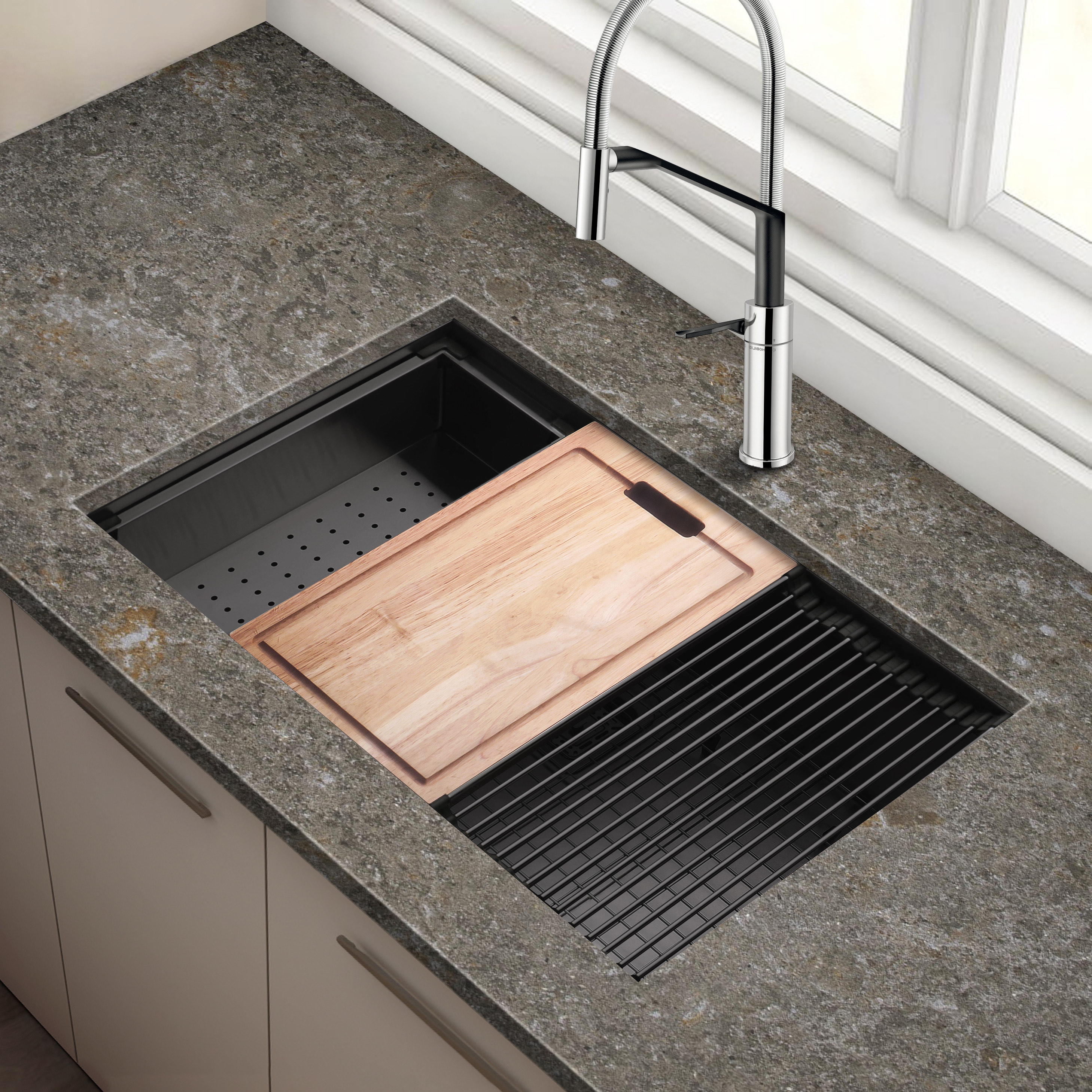 32 Undermount 16 Gauge Workstation Kitchen Sink Accessories in PVD Gunmetal