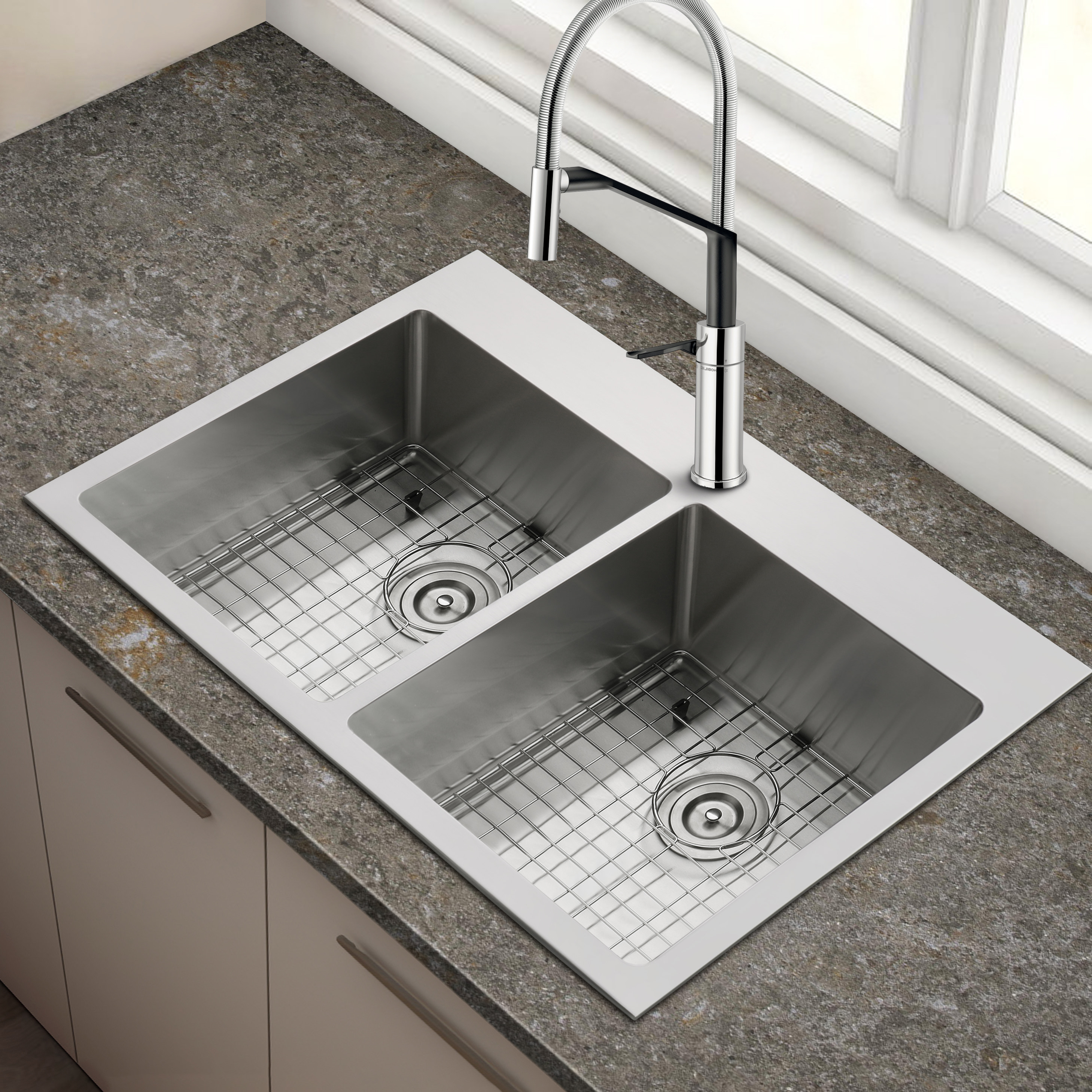 33 Drop-In Top Mount Double Bowl 18 Gauge Stainless Steel Kitchen Sink with  Accessories 