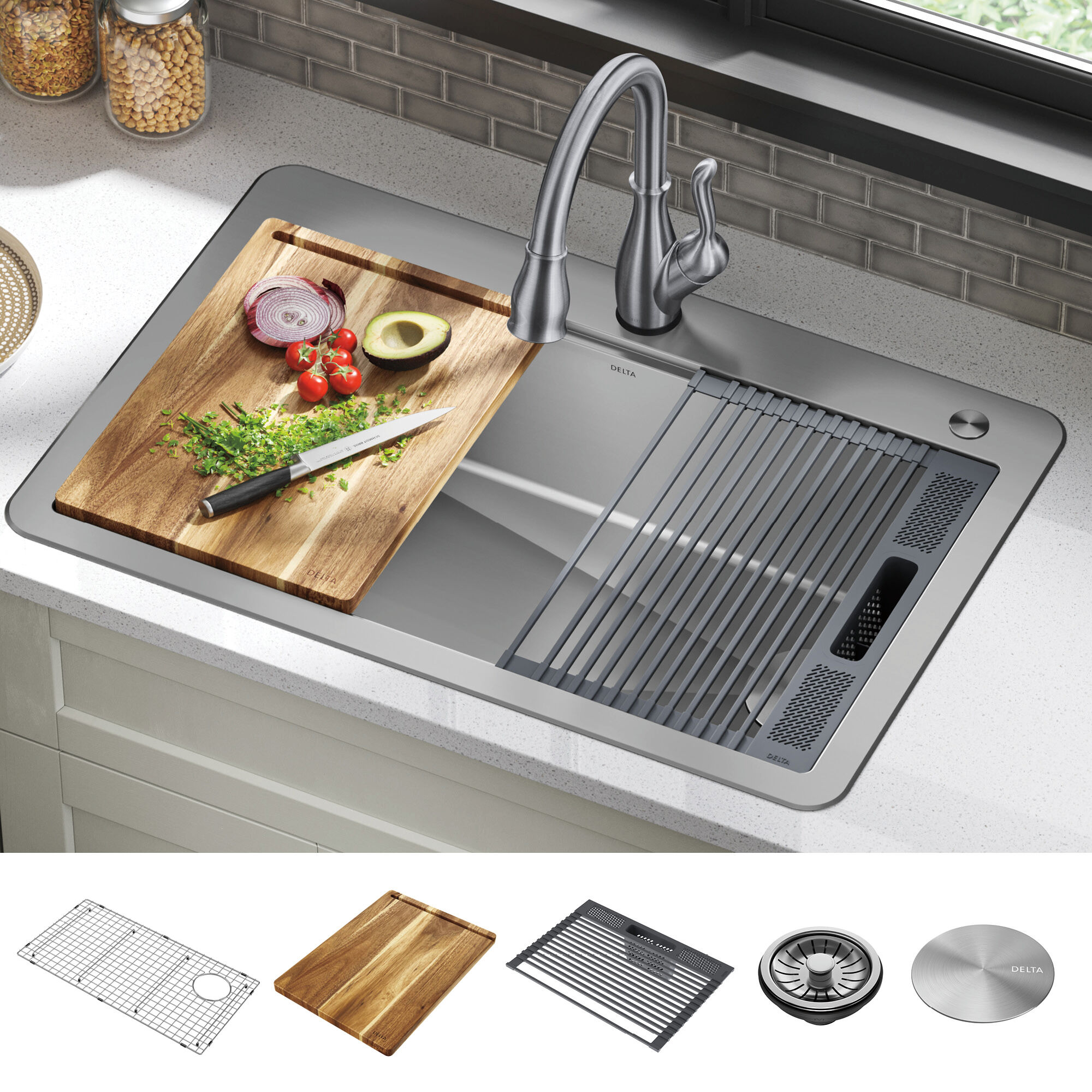 33 Workstation Kitchen Sink Drop-In Top Mount Stainless Steel Single Bowl with WorkFlow Ledge and 