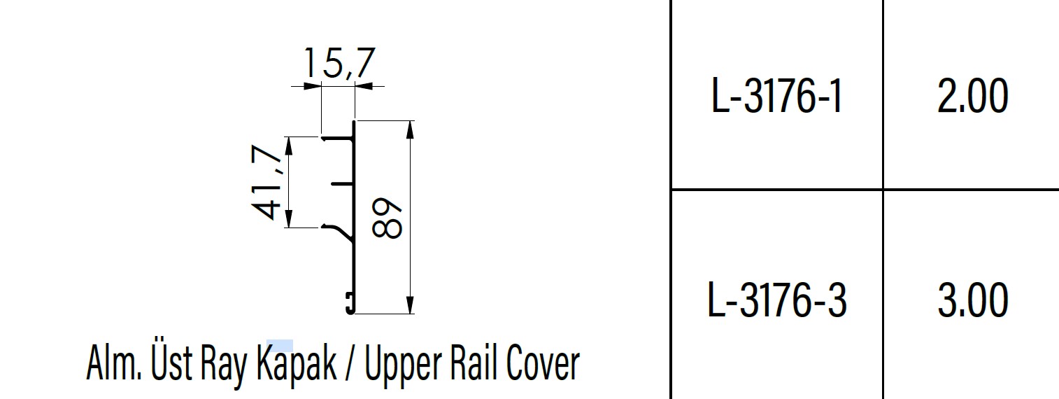 LC120 ALUM.UPPER RAIL COVER 3MT.