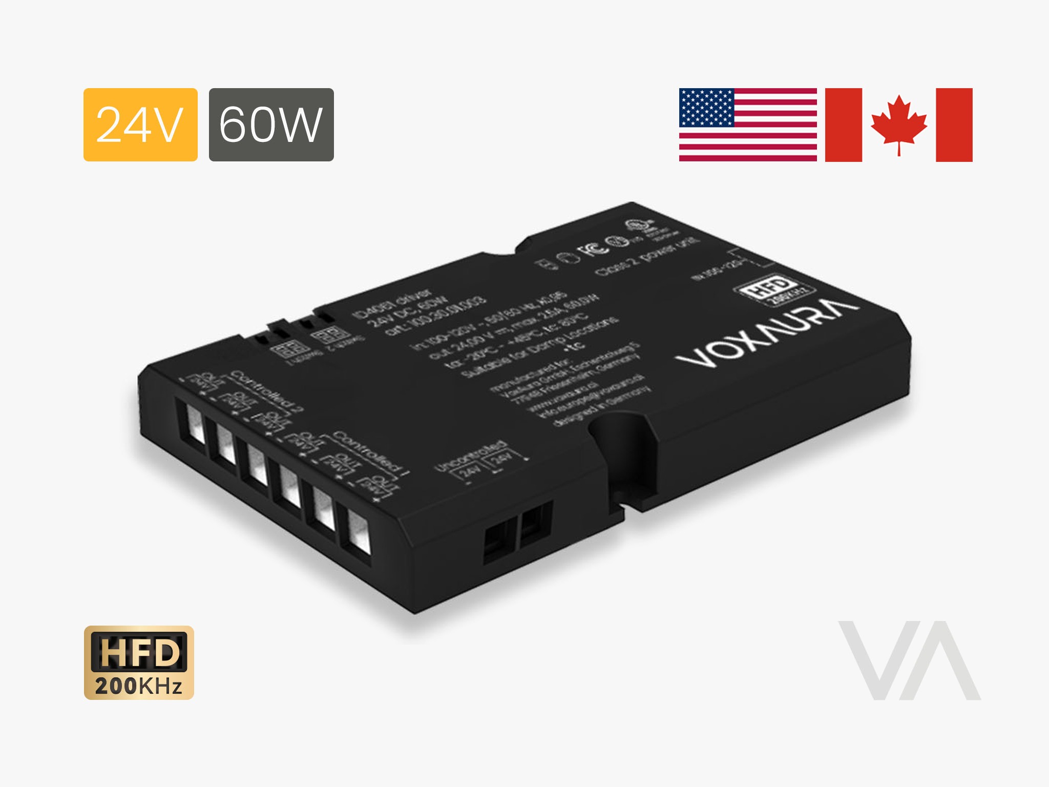 VoxAura Integrated Driver ID4061, 24V 60W, 6 Outputs, Wired Switch Ready