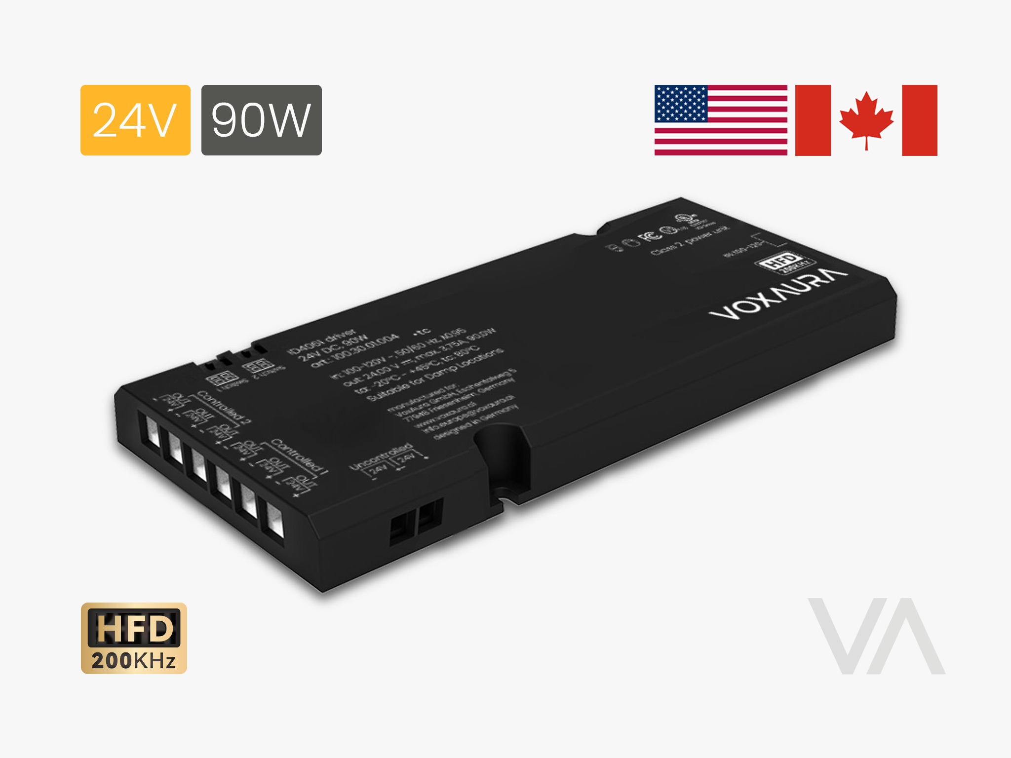 VoxAura Integrated Driver ID4061, 24V 90W, 6 Outputs, Wired Switch Ready