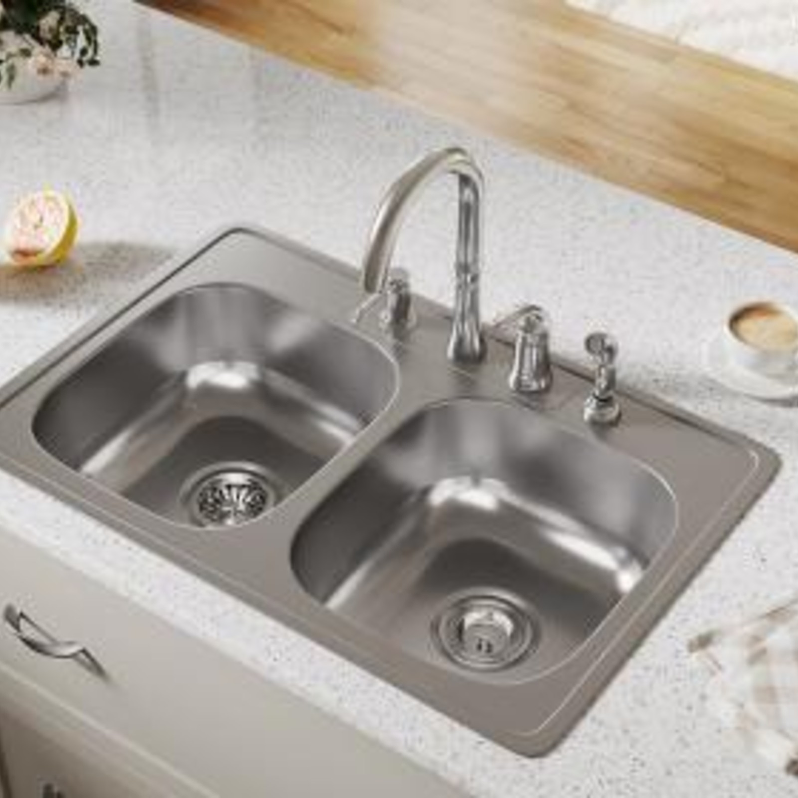 33" Drop-In Top Mount Stainless Steel Double Bowl Kitchen Sink, 6" Deep
