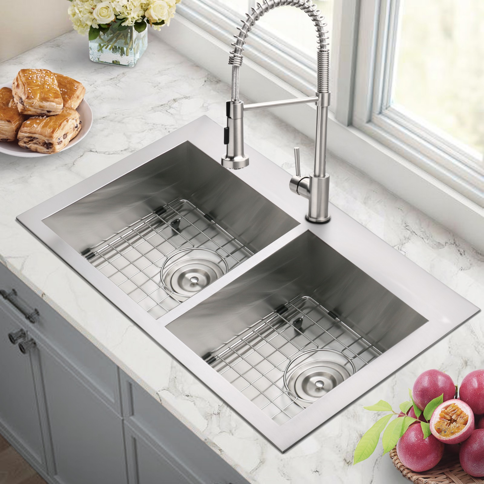32" Drop-In Top Mount 18 Gauge Stainless Steel Double Bowl Kitchen Sink with Accessories