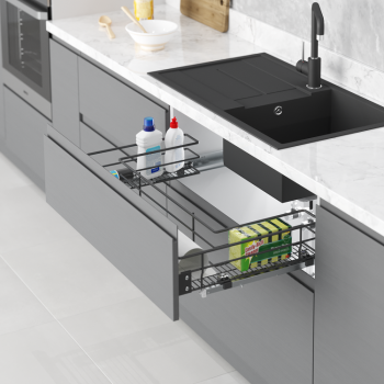 UNDER-SINK DRAWER WITH FULL EXTENSION UNDERMOUNT RAIL MOUNTED TO LID