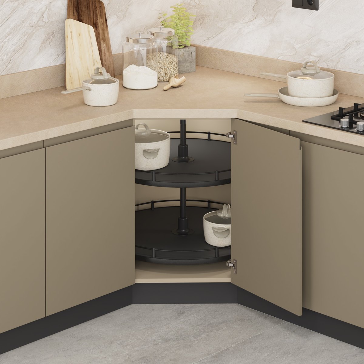 STARAX 4/4 Turning Basket Set w/ Wooden Bottom - 600x650-700 mm - Anthracite - 400 mm Cabinet