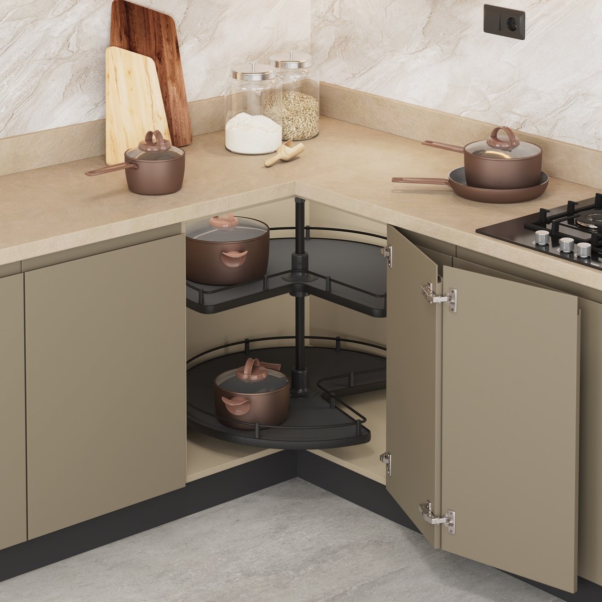 STARAX 3/4 Turning Basket Set w/ Wood Bottom & Tube - 740x650-700 mm - Anthracite - 320+320 mm Cab.
