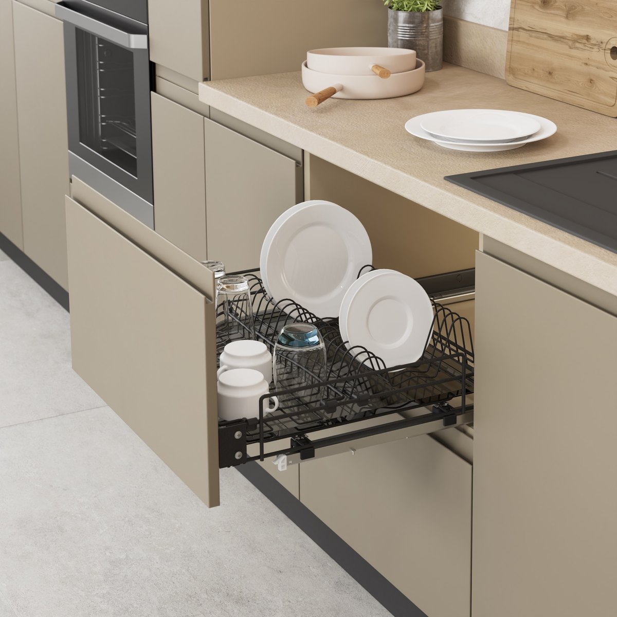 STARAX Plate - Glass Shelf w/ Tray, Mounted to Lid and Full Extension U/M Rail - 900 mm - Anthracite
