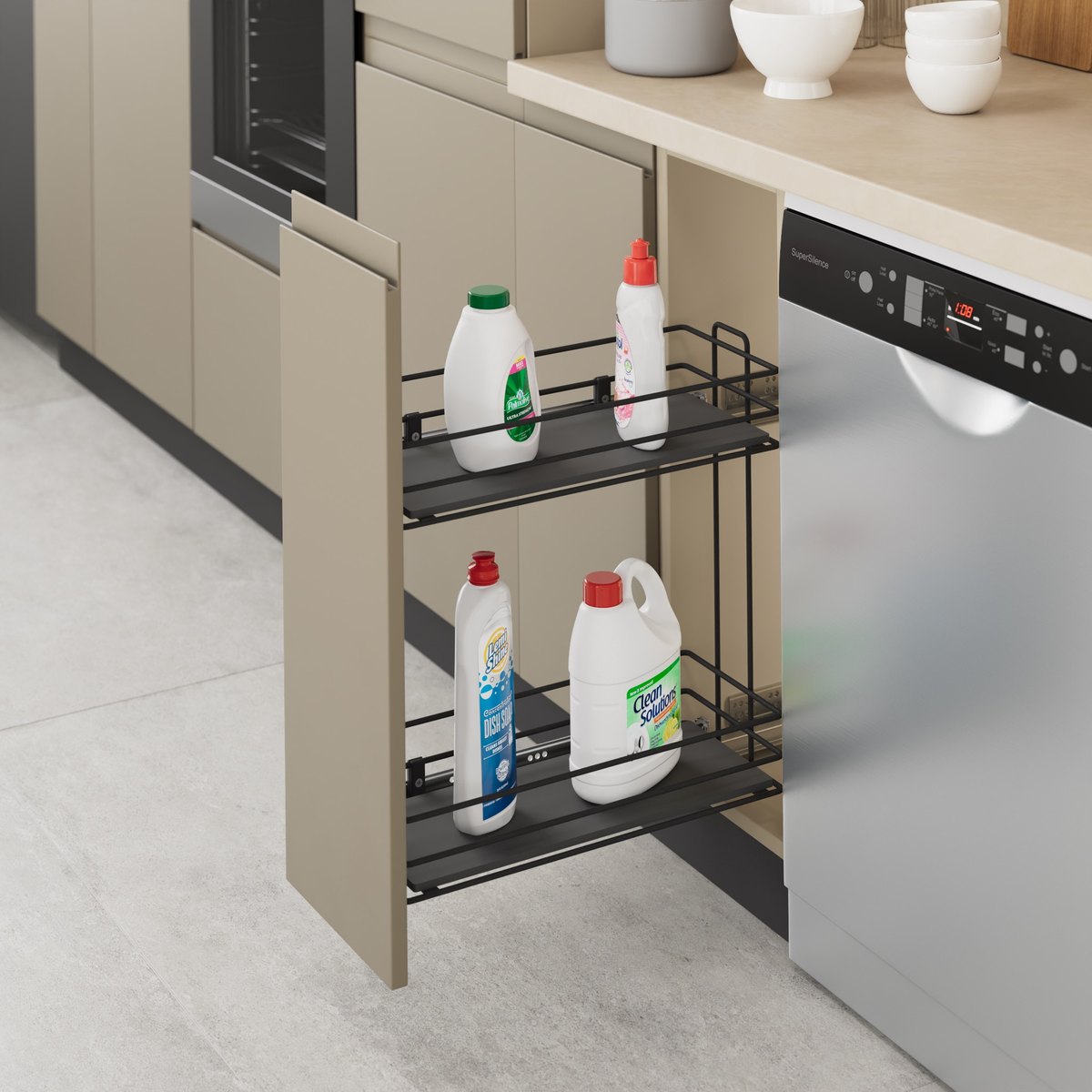 STARAX Detergent Holder w/ U/M Rail Full-Ext. Wooden - 203 mm - Right - Anthracite - 250 mm Cabinet