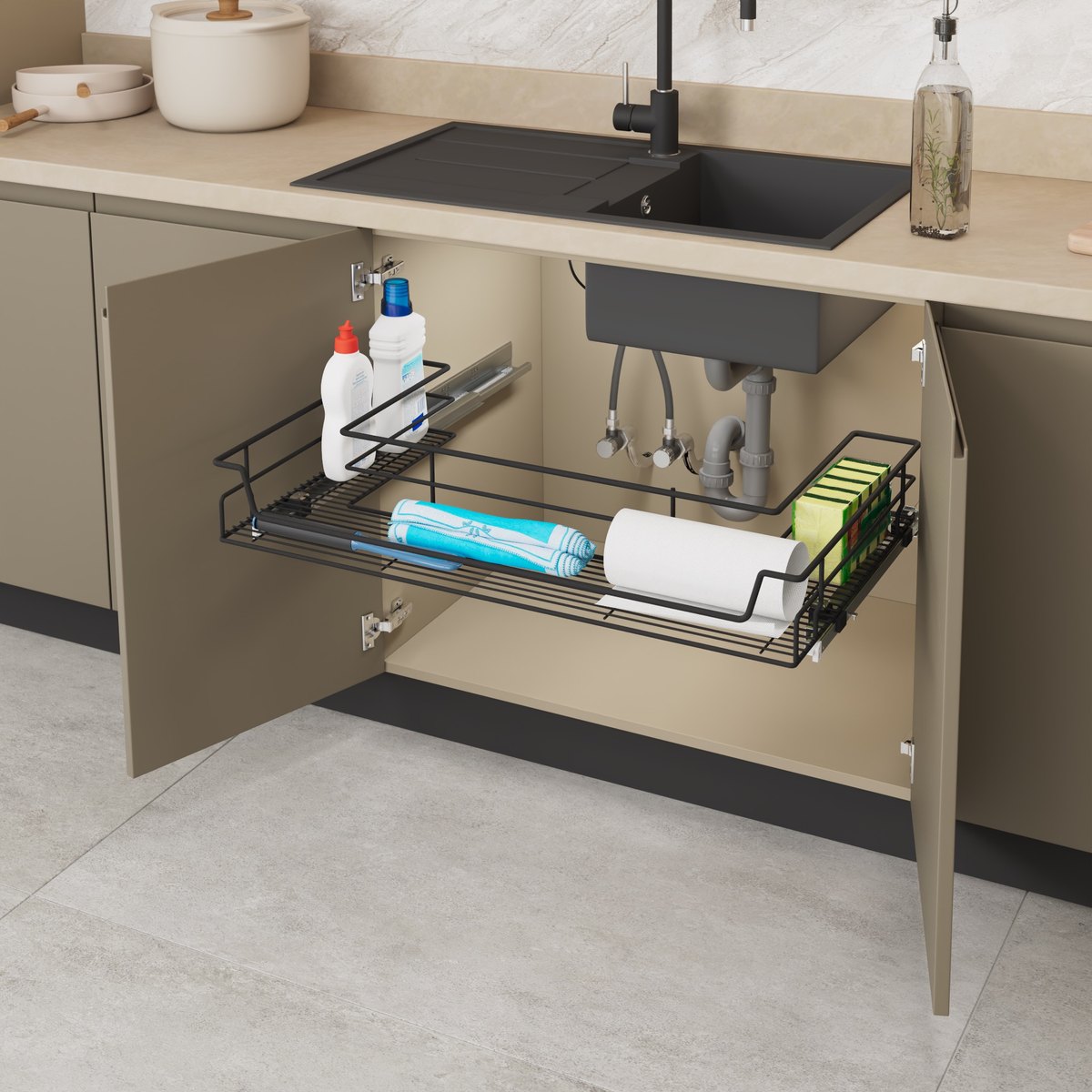 STARAX Independent Under-Sink Drawer With Full Extension Undermount Rail - 900 mm - Anthracite
