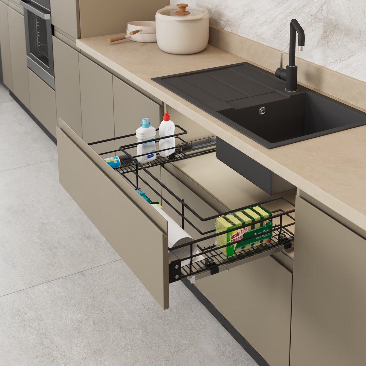STARAX Under-Sink Drawer With Full Extension Undermount Rail Mounted To Lid - 900 mm - Anthracite