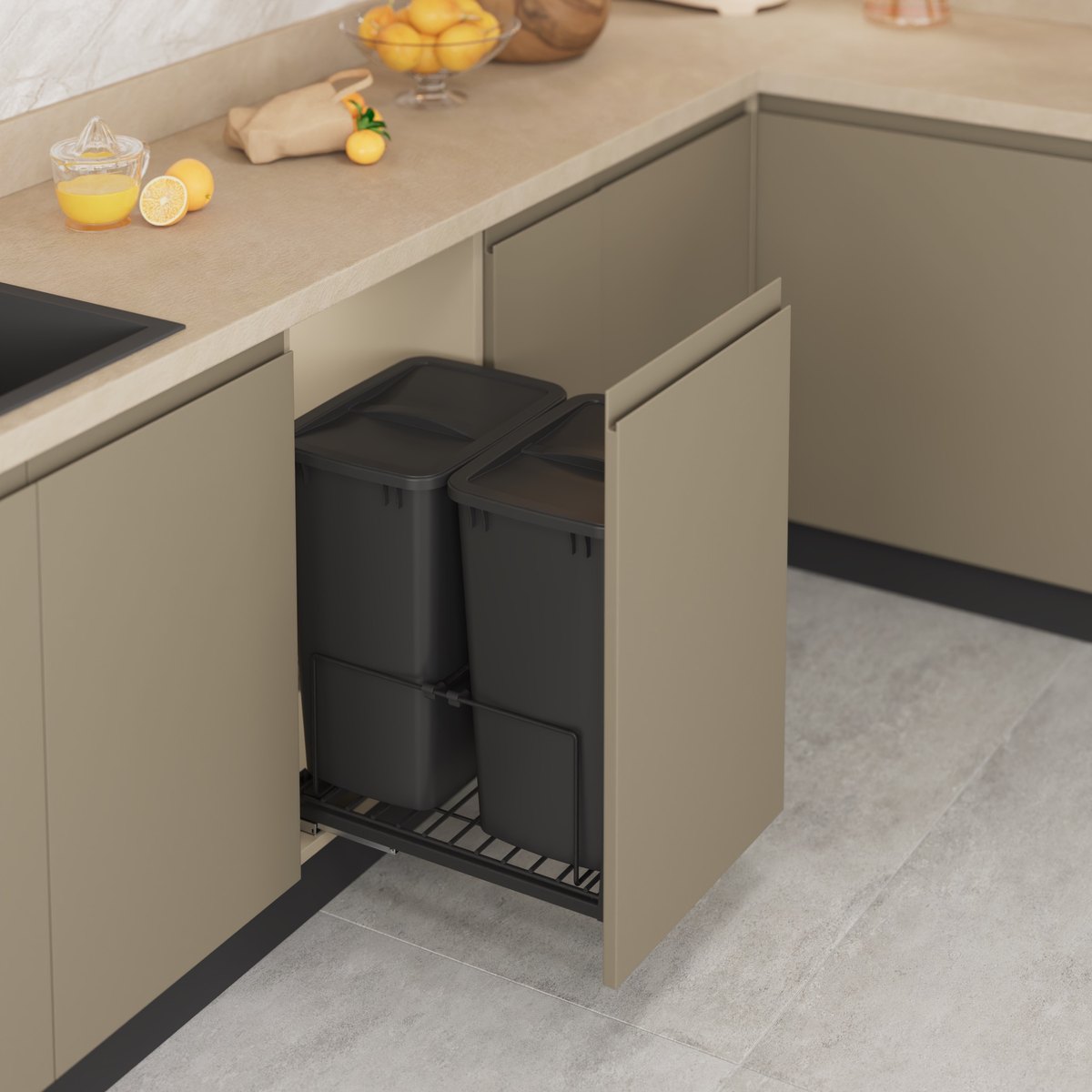 STARAX Bottom Mounted Under-Workbench Waste Bin 35+35 Liter - Anthracite - 450 mm Cabinet